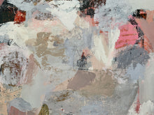 Detail of the abstract painting with layered brushstrokes in gray, white, beige, pink, and muted brown tones.