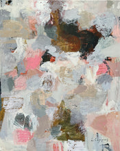 Abstract painting Counterpoise by Linda Coppens, with layered white and pale grey passages, muted pink accents and a concentrated area of dark brown, black and ochre gestural marks.

