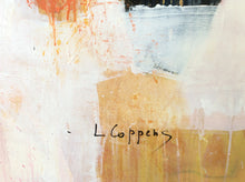 detail with signature of abstract painting titled 'Dreams Through Mist' by Linda Coppens.