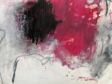 Detail of the painting showing red, black, and gray colors on a textured background