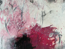 Detail of the painting showing pink, black, and white colors on a textured surface