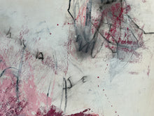 Detail of the painting showing red, black, and white on a textured surface