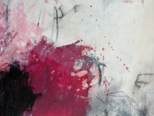 Detail of the painting showing pink, black, and white colors on a textured background
