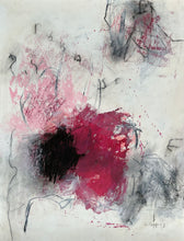 Contemporary abstract painting with layered pink and black gestural forms, smoky grey passages, scratched linework and partially erased marks on a pale atmospheric background, suggesting memory, disappearance and suspended movement.