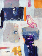 Abstract painting featuring layers of light and midtone greys forming a nuanced backdrop. Vibrant splashes of color, including dark blue-purple shapes and a smaller lively orange form, add dynamic contrast. Delicate pink marks dance across the paper, creating a harmonious interplay of subtlety and bold bursts in this captivating artwork.