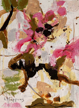 Abstract painting titled 'Floral Traces' with light greys, dark brown lines, ochre forms, and magenta and olive green shapes suggesting abstract blooms.