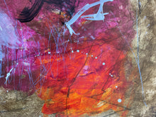 Detail of the painting showing red, orange, and pink colors on a textured background