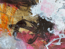 Detail of the painting showing black, gold, and white brush strokes on a textured background