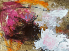 Detail of the painting showing pink, brown, and orange colors on a textured surface
