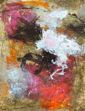 Contemporary abstract painting on a warm raw umber ground with layered black gestural marks, fractured white passages, vivid pink and orange fields, scratched linear drawings and energetic abstract forms suggesting collision, movement and emotional tension.