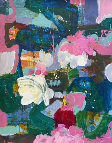 Abstract artwork with swirling brushstrokes in deep blues, green, pinks, and whites on a light background, evoking a dance of light and shade.