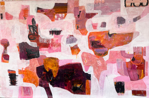 Large abstract painting titled 'Harmony in Contrast.' Translucent layers of white, soft pinks, and greys form the background, with irregular dark shapes ranging from magenta to brown. Vibrant oranges punctuate the composition, with delicate black crayon marks adding texture and intrigue.