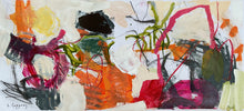 Abstract expression painting with layered gestural marks, bold color accents, and visible interruptions, expressing tension and resistance through unresolved movement.