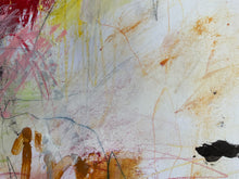 detail of the painting with multicolored brush strokes on a textured white background