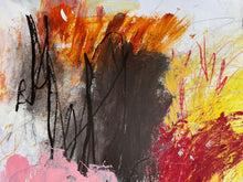 detail of the painting with red, yellow, black, and white colors on a textured surface