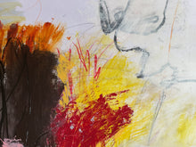 detail of the painting with splashes of red, yellow, and black on a textured surface