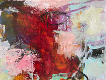 Detail of the abstract painting with expressive brushstrokes in red, pink, cream, purple, black, and touches of teal and olive green.