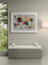 Modern interior with a bench, the colorful abstract painting, and lamp.