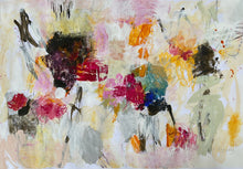 Contemporary abstract expressionist painting featuring layered gestural marks in red, magenta, yellow, pink, black, and touches of blue across a luminous white and cream ground. Energetic brushstrokes, drips, and scraped textures create a dynamic field of color and movement, with clusters of warm tones suspended within an airy atmospheric background.