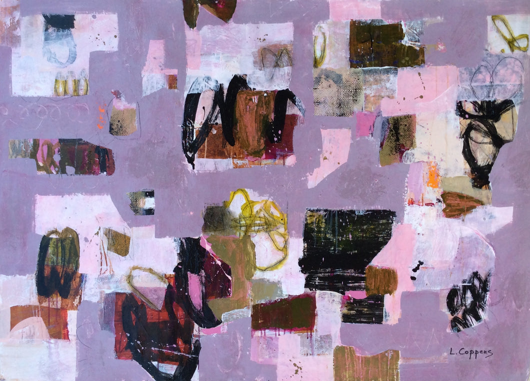 Abstract painting by Linda Coppens, titled 'Layers of Adventure' featuring a midtone purple-grey backdrop with vibrant peepholes revealing intricate shapes in olive greens, pinks, transparent browns, and blacks. Dark lines add dynamic movement, creating a visually stimulating composition.