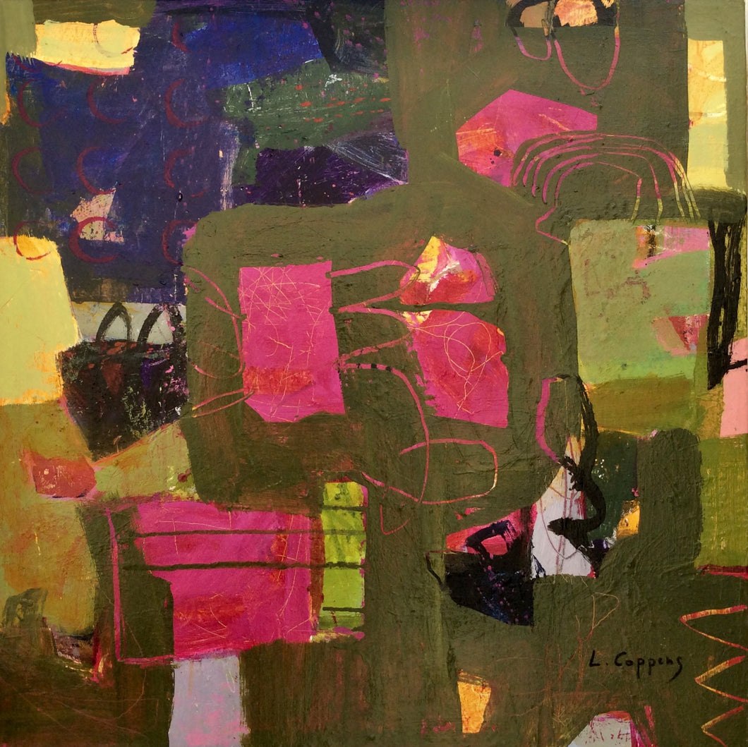Abstract painting titled 'Magenta Secrets' featuring layers of olive greens, vibrant magenta shapes, expressive mark making, and a grounding presence of dark blue shapes and swirling lines.