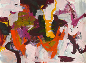 Abstract painting titled 'Magenta Waves' with a greyish and light grey-yellow-pink background. The foreground features swirling brushstrokes in dark greens transitioning to ochre, with pops of dark magenta, red-orange, and orange