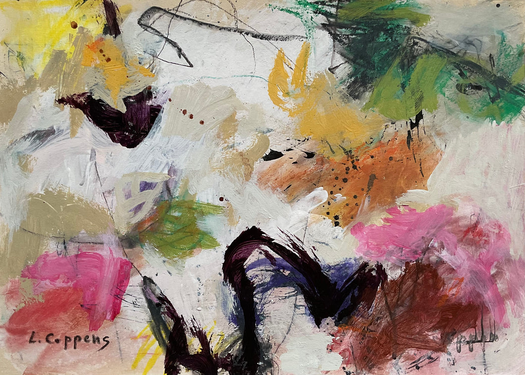 Abstract painting titled 'Muted Rhythms' with dark lines on a light grey and cream background, featuring brushstrokes in muted greens, red-magenta, and yellow-ochres, evoking spring's vitality