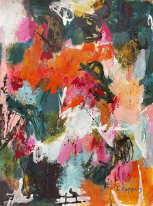 Abstract painting titled 'Nature's Vibrancy' with brushstrokes in red-oranges, soft blues, turquoises, pinks, and light magenta, darker greenish greys, dark reds, intertwined with white swirling lines and shapes.