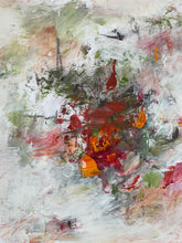 Detail of the abstract painting featuring a dynamic composition of red, orange, green, and gray brushstrokes on a textured off-white background.