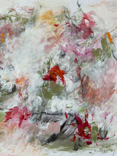 Detail of the abstract painting with expressive brushstrokes in pink, red, green, gray, and white, with a small artist signature in the lower right corner.