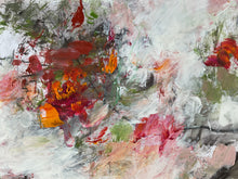 Detail of the abstract painting with textured impasto brushstrokes in red, orange, pink, green, black, and white.