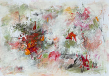 Abstract painting on paper with layered white, olive green and pink, vivid red-orange gestures, and angular black lines.
