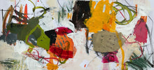 Abstract painting with dense, compressed marks and areas of tension on a light background