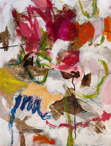 Abstract painting with dynamic swirling strokes in magenta, dark blue, brown, ochre, orange, and green over a light, textured background.