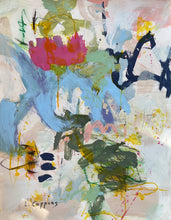 Abstract painting titled 'Serenade in Color' with a light, layered background of white and cream. Foreground features swirling brushstrokes in magenta, blue, green, and pops of yellow-orange.