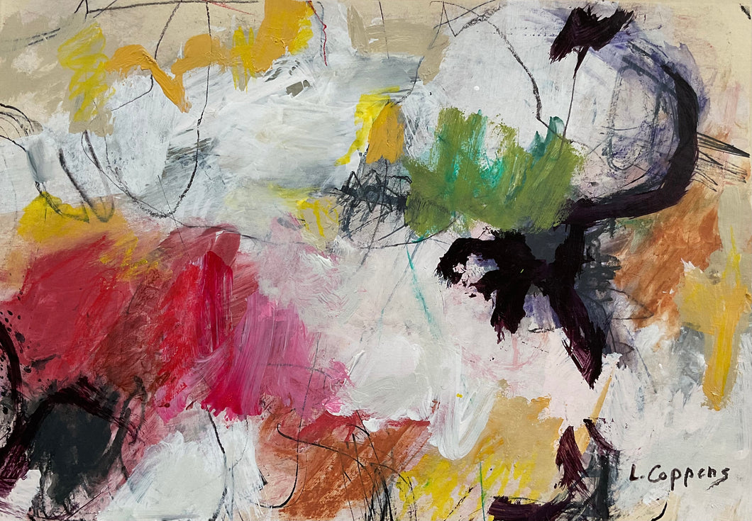 Abstract painting titled 'Subtle Echoes' with expressive dark lines on a light grey and cream background, and brushstrokes in muted greens, red-magenta, and yellow-ochres, evoking spring’s joy