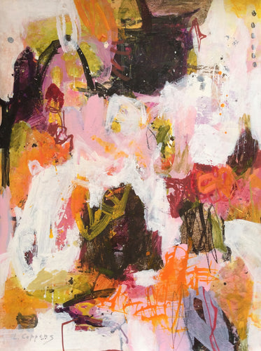 Abstract painting titled 'Sunset Serenade' with brushstrokes in orange, pink, and olive greens, darker shapes in deep greens and magenta, intertwined with white swirling lines and shapes.