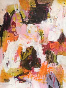 Abstract painting titled 'Sunset Serenade' with brushstrokes in orange, pink, and olive greens, darker shapes in deep greens and magenta, intertwined with white swirling lines and shapes.