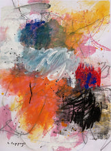 Abstract painting with layered orange, blue, and pink areas intersected by a pale grey horizontal wipe