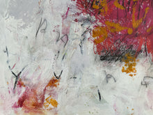 Detail of the painting showing  pink, orange, and black brush strokes on a white background
