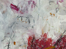 Detail of the painting showing a mix of white, red, black, and pink colors on a textured surface.