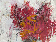 Detail of the painting showing red, orange, and black colors on a textured white background