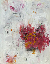 Contemporary abstract painting with a predominantly white surface interrupted by a dense magenta-red central form, layered graphite-like marks, subtle pink veils, and small ochre accents creating a sense of tension, memory, and suspended movement.