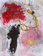 Abstract painting with large red area, vertical black form, and yellow linear marks on a light background
