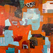 Abstract painting with a bold red-orange background, layered textures, and large light turquoise shapes. Dark marks subtly emerge through the surface.  