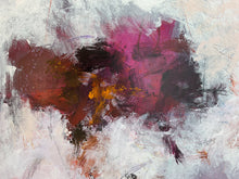 Detail of the abstract painting with expressive brushstrokes in magenta, burgundy, black, white, and touches of gold and brown.