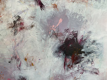 Detail of the abstract painting with textured brushstrokes in white, gray, black, and muted pink, featuring expressive gestural marks across the canvas.