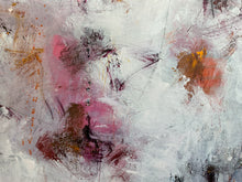 Detail of the abstract painting featuring textured impasto brushstrokes in white, pink, gray, rust orange, and deep burgundy.