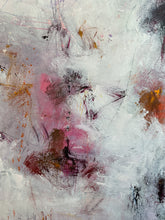 Detail of the abstract painting featuring textured impasto brushstrokes in white, gray, pink, and rust orange.