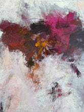 Detail of the abstract painting with expressive brushstrokes in white, gray, burgundy, magenta, black, and touches of gold and peach.